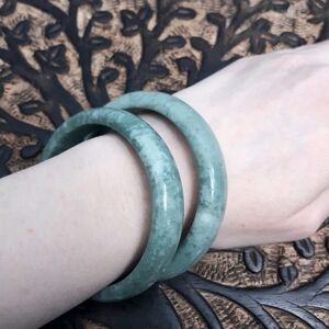 Lot of 2, Elegant Green & White, Chinese Jade Bangle Bracelets 2.25" gap